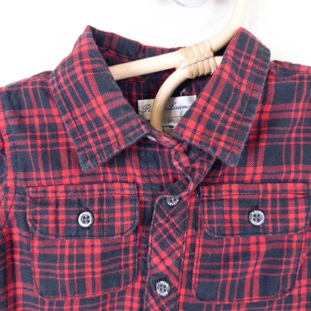 Ralph Lauren Button Down‎ Shirt Kids 9M Red Black Plaid Flannel Long Sleeve